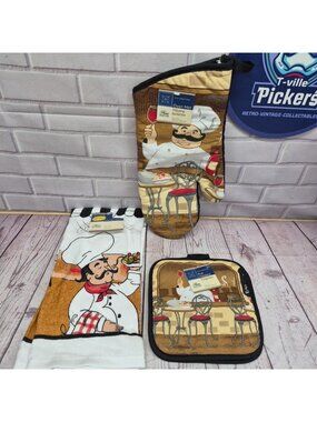 4 Piece Bistro Fat Chef Dish Towel Set-Towel, 2 Pot Holders, Oven Mitt